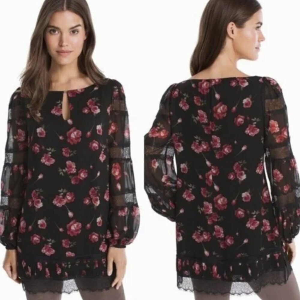 White House Black Market size 12 Black & Pink Rose Floral Lace Feminine Tunic